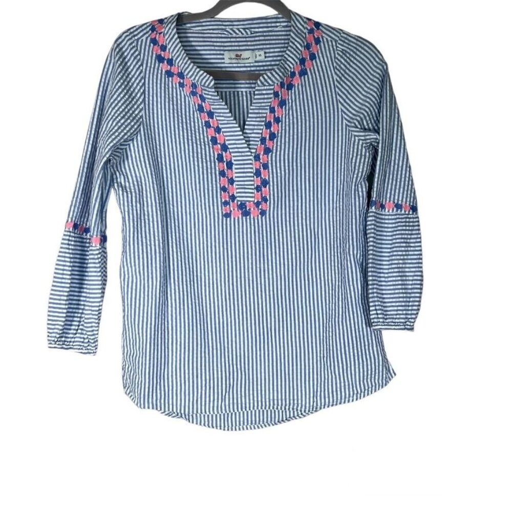Vineyard Vines Popover Blouse XS Blue Seersucker Embroidered Accents